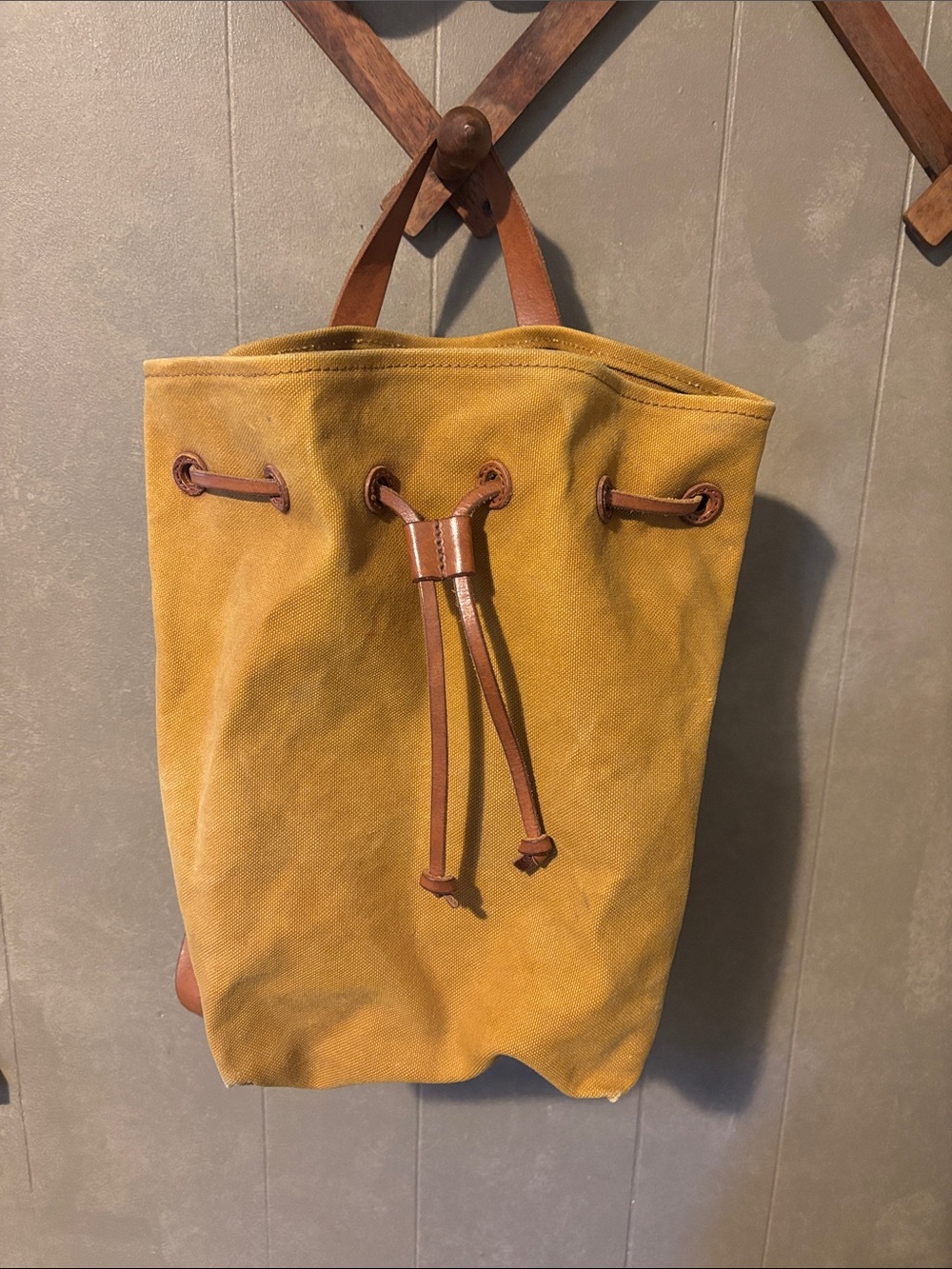 Madewell Mustard Canvas Drawstring Backpack with Brown Leather Trim